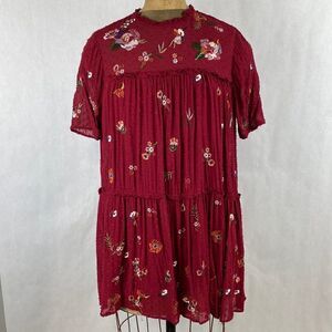 Zara Woman Floral Sequin Dress Embroidered Swiss Dot Burgandy Red Small
